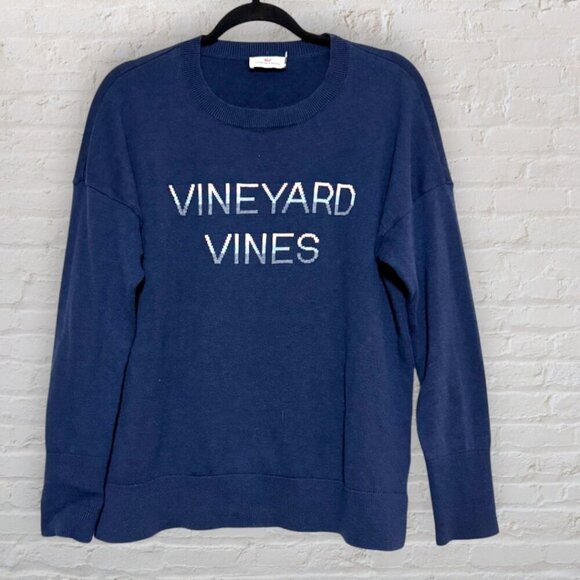 VINEYARD VINES Deep Bay Blue Intarsia Lightweight Crewneck Logo Sweater Womens M - Picture 1 of 4